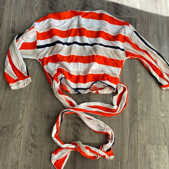 ZARA orange- red, white, cream & black striped wrap and tie cropped blouse - Picture 7 of 11